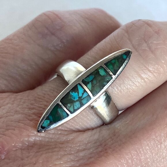 Sterling Silver 925 Southwest Style Elongated Turquoise Chip Inlay Ring Sz 5.5 - Picture 12 of 16